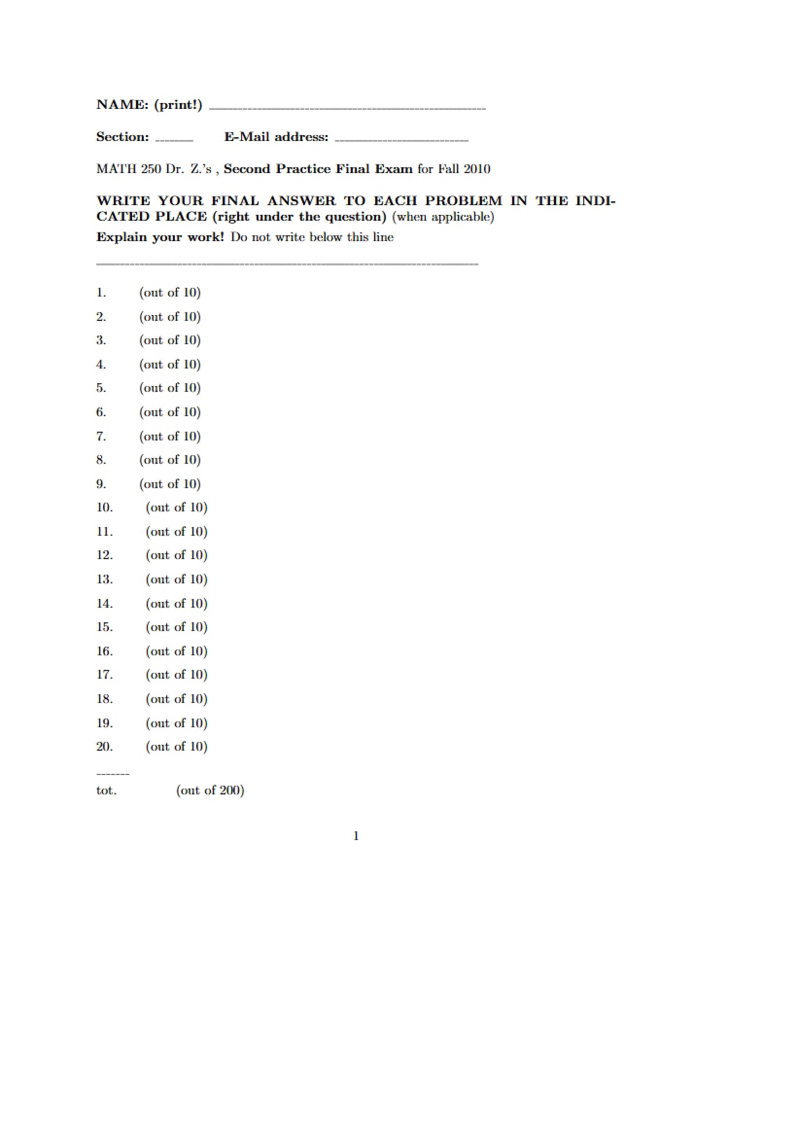 Practice Final Exam Two (Dr. Z)