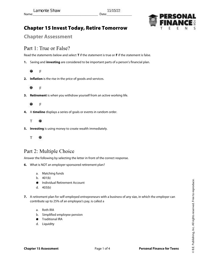 Chapter 15 Assessment - Invest Today, Retire Tomorrow