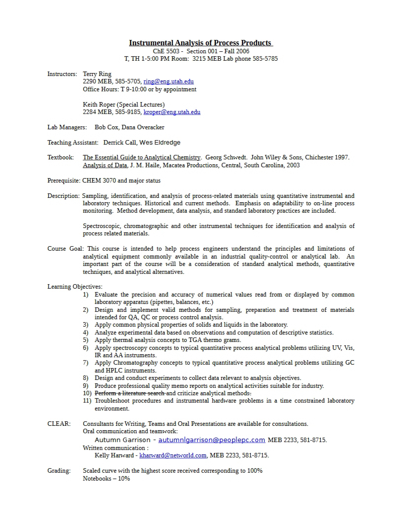 Instrumental Analysis Syllabus