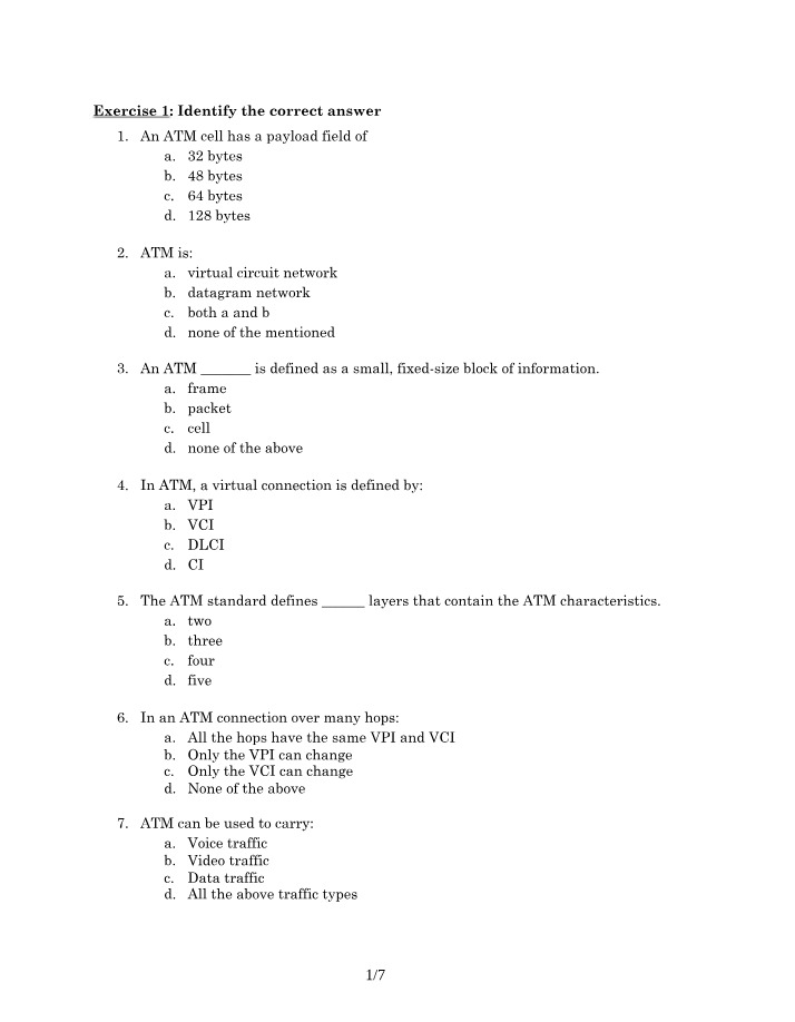 Exercise on ATM Cell Payload Sizes and Virtual Circuit Networks