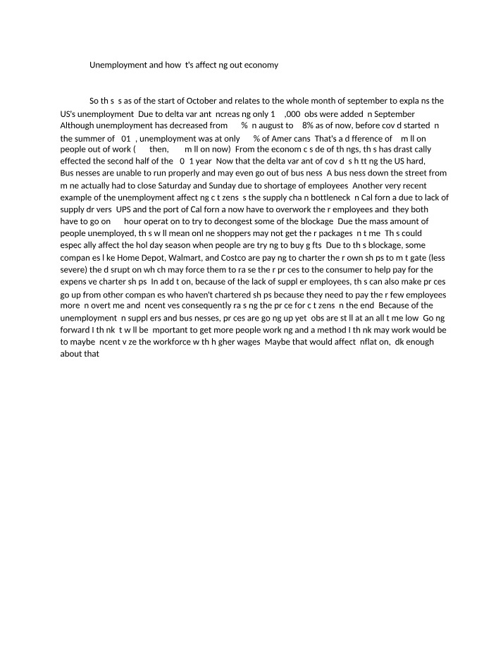 Unemployment and Delta Variant Impacts on the Economy
