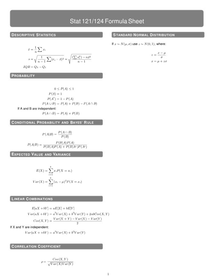 Formula Sheet for STAT 121-124
