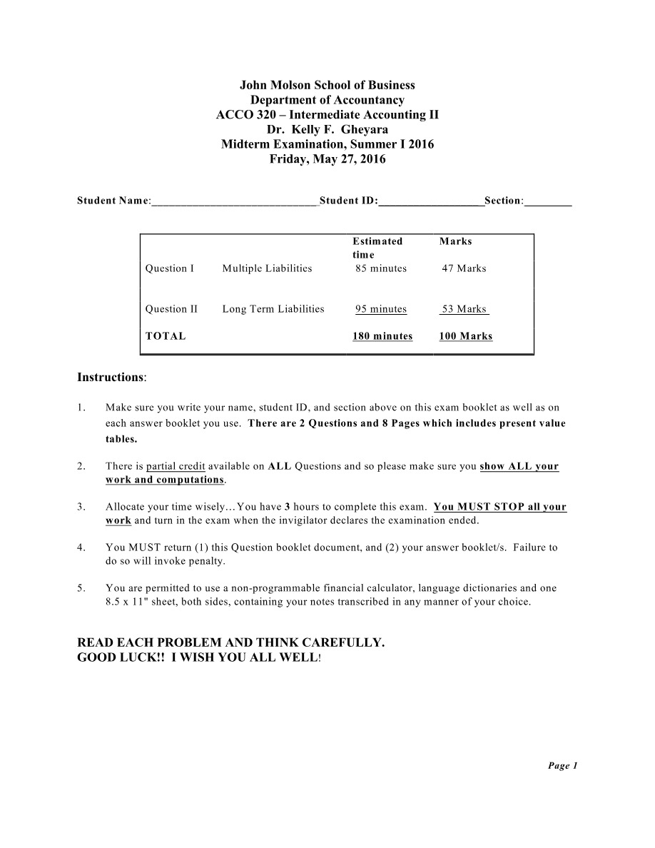 ACCO 320 Intermediate Accounting II Midterm Exam