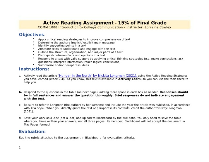 Assignment on Active Reading