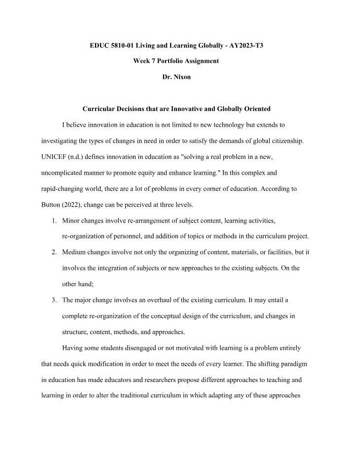Innovative and Globally Oriented Curricular Decisions