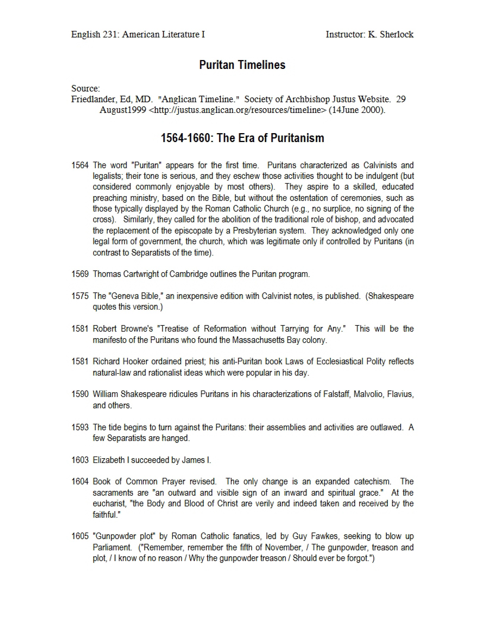 Timelines of the Puritans