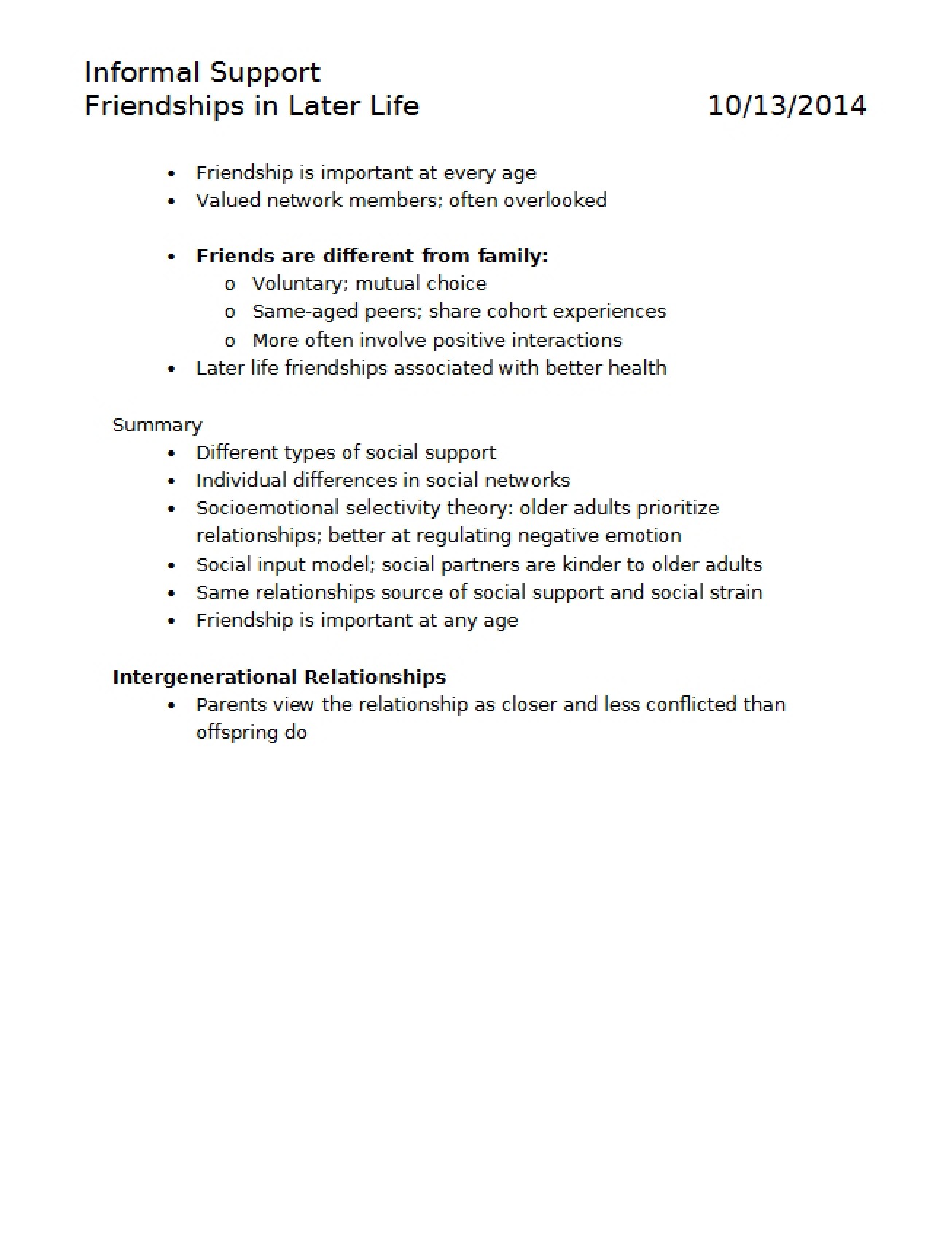 Later Life Friendships and Informal Support