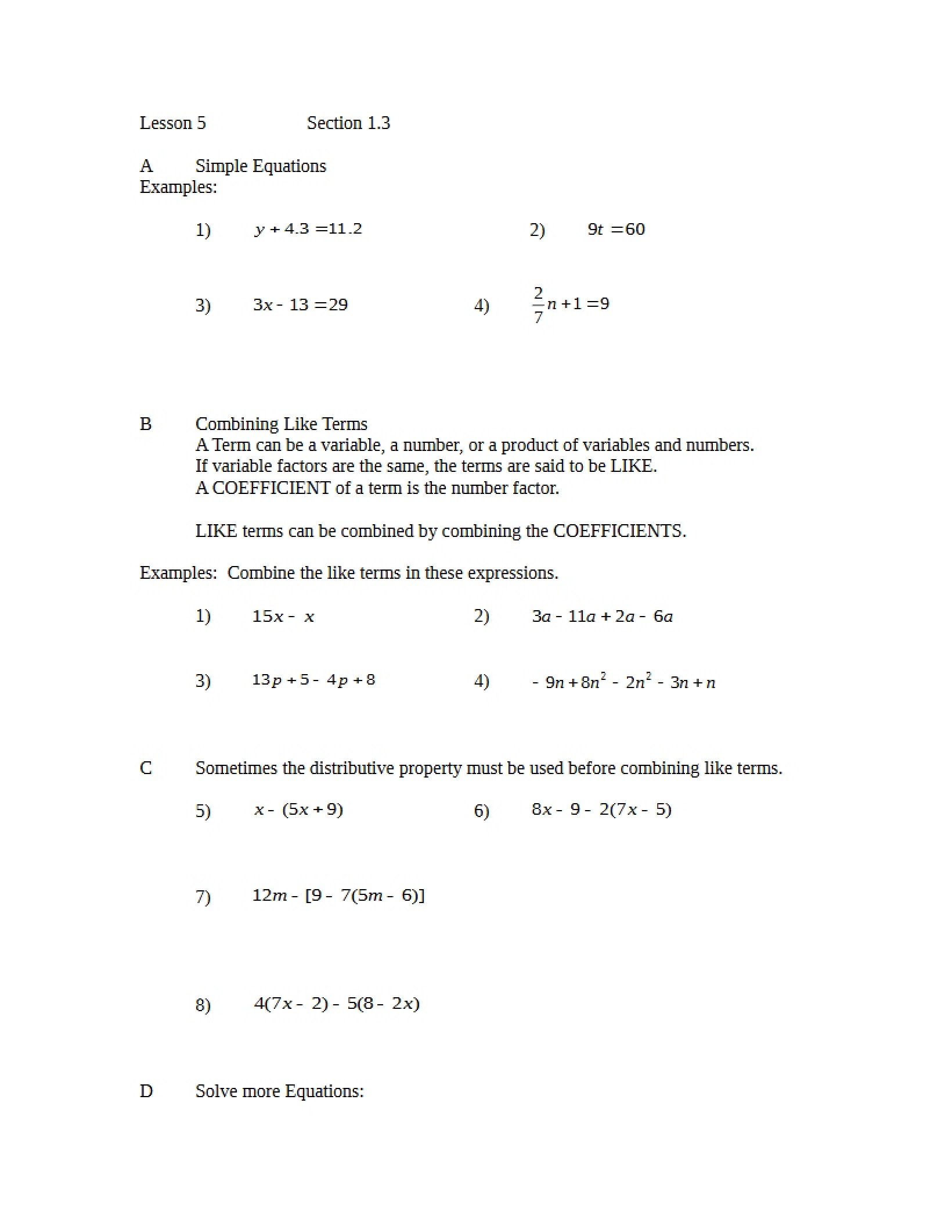 Notes covering Algebra