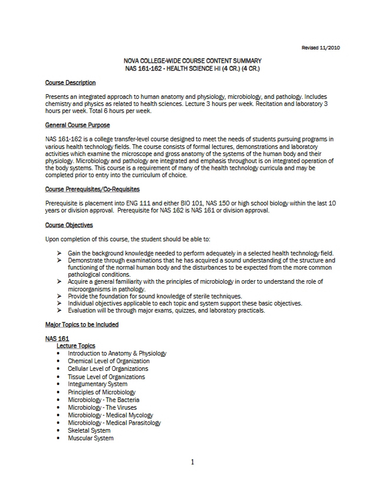 Health Science I Course Content