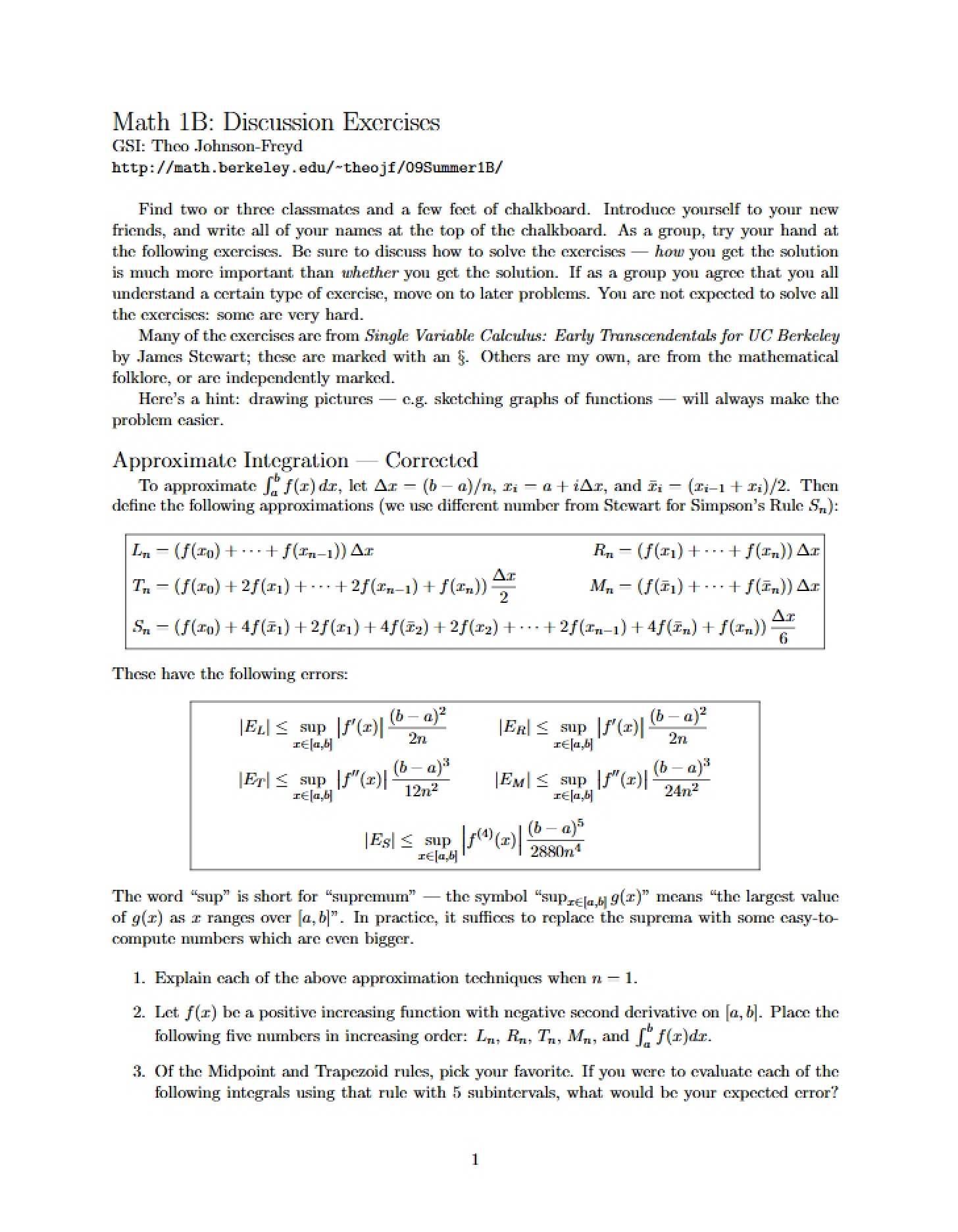 Exercises for Discussion (Math 1B)