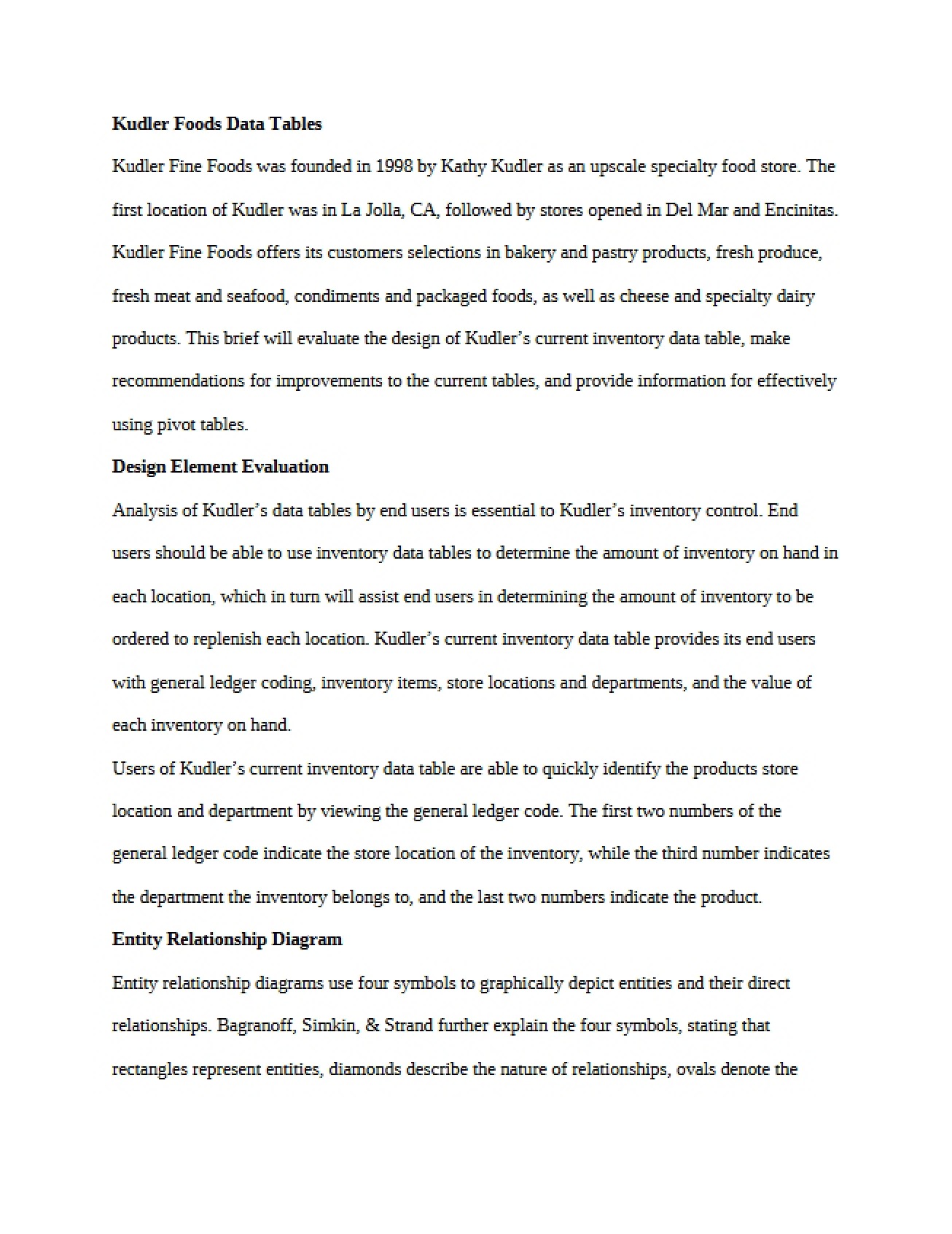 Data Tables for Kudler Foods