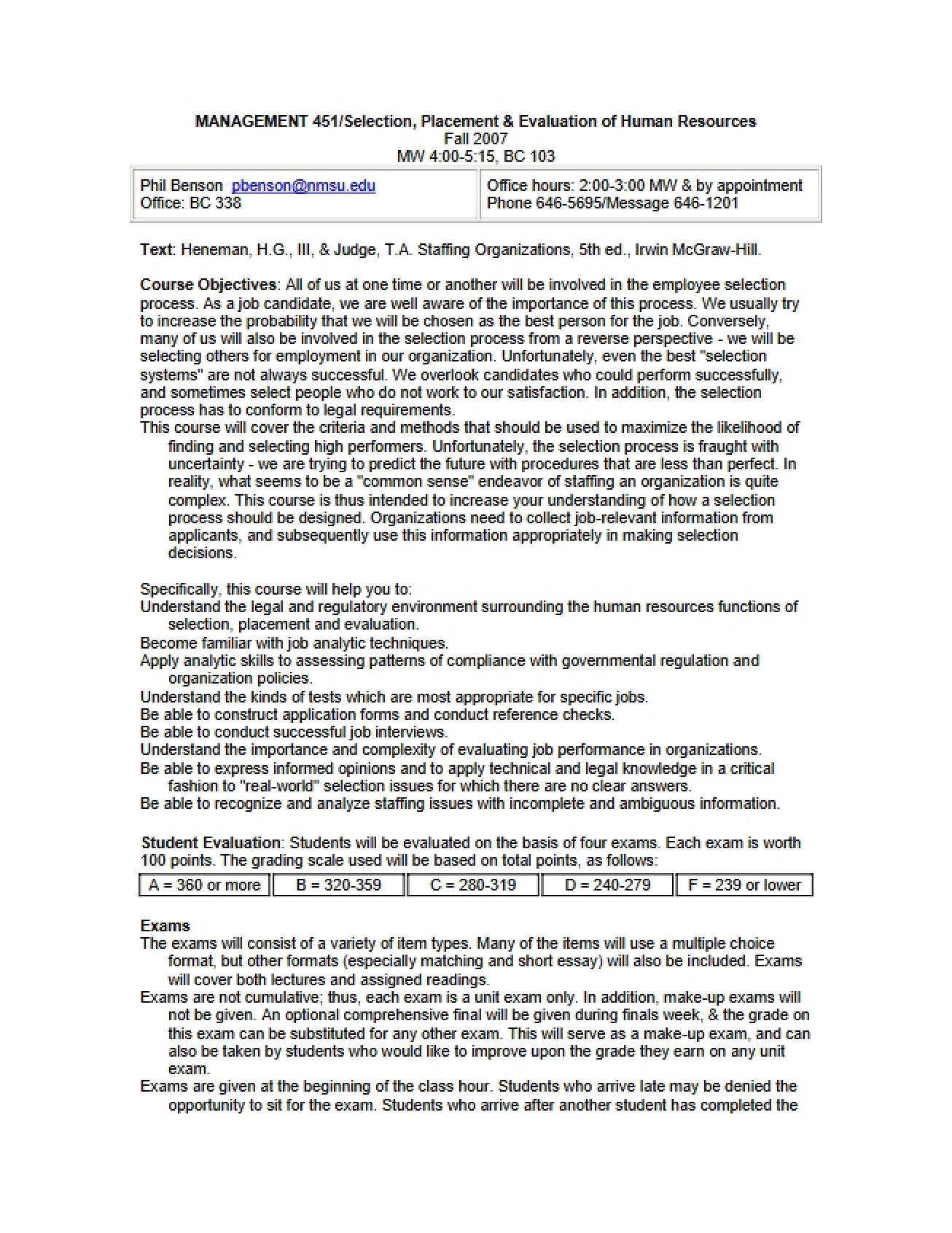 Selection and Placement Syllabus - Fall 2007 - Benson