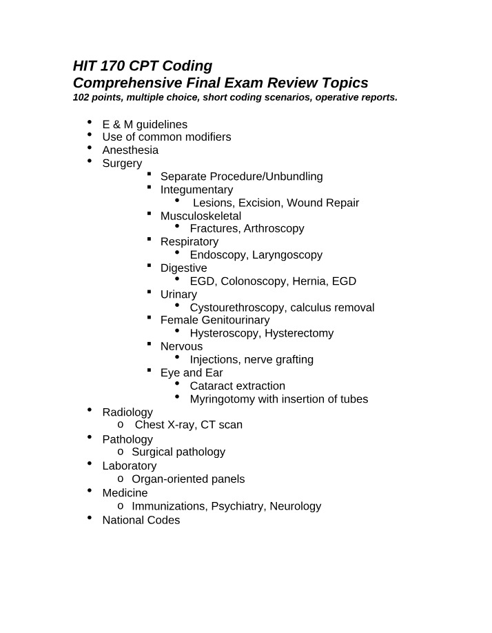 Final Exam Review for CPT Coding Guidelines