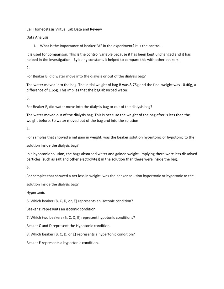 Cell Homeostasis Lab Data Analysis and Review