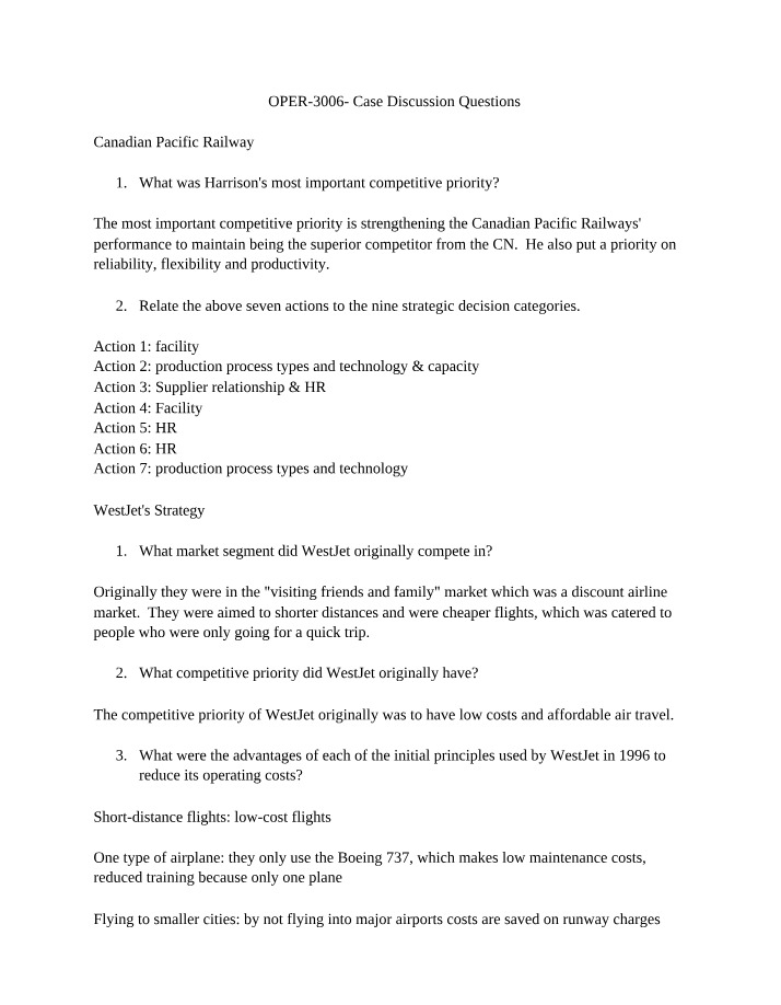 Case Discussion Questions - OPER-3006