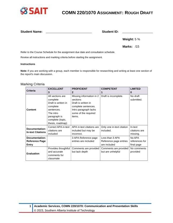 Rough Draft Rubric for COMN 220 Assignment