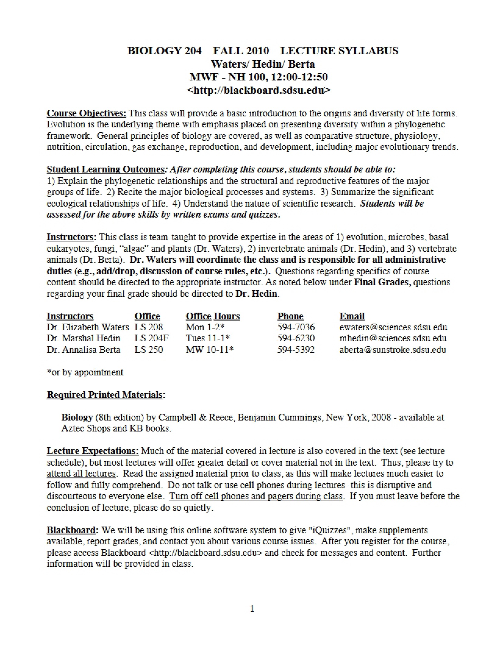 Syllabus Principles of Organismal Biology - 4 Pages