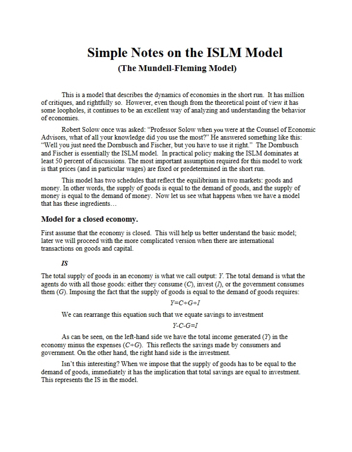 Simple ISLM Model Notes
