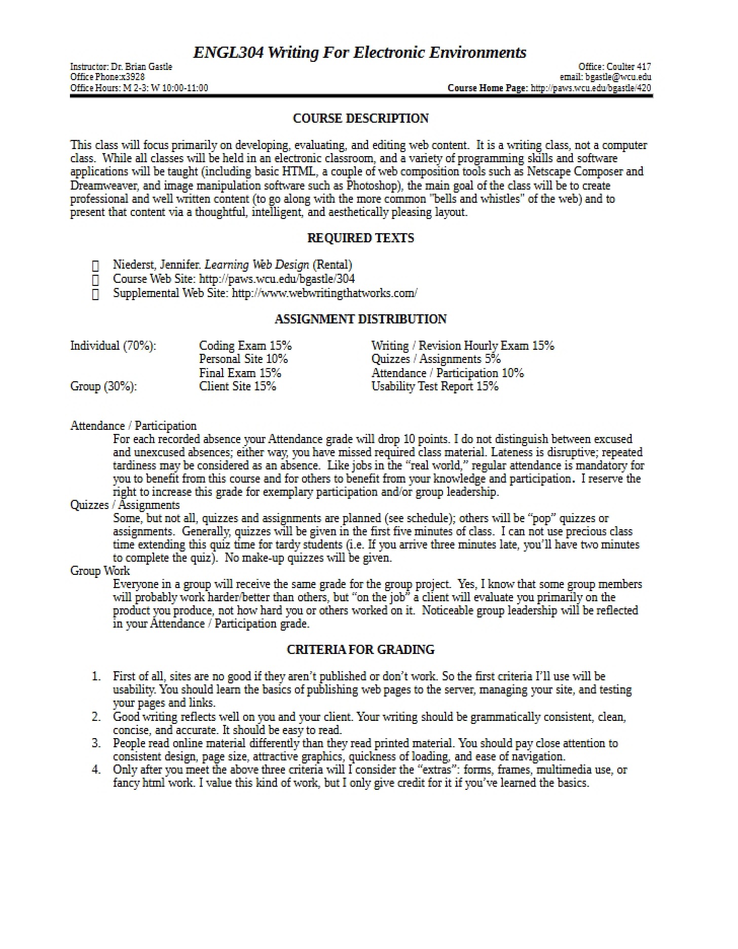 Writing for Electronic Environments Syllabus - ENGL 304