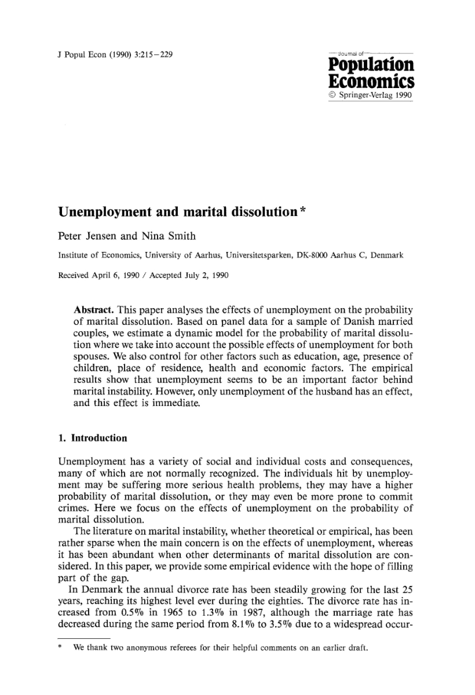Marital Dissolution and Unemployment
