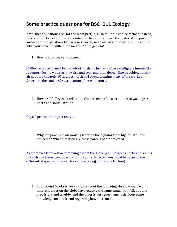 Practice Questions for Ecology (Key)