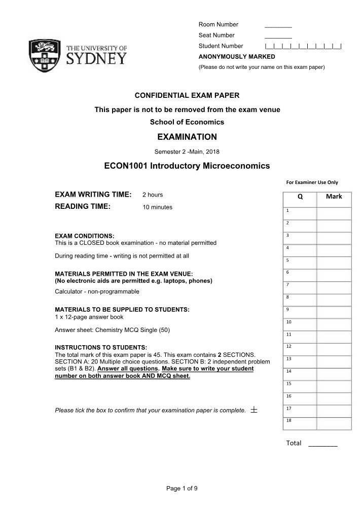 Introductory Microeconomics Exam (ECON1001)