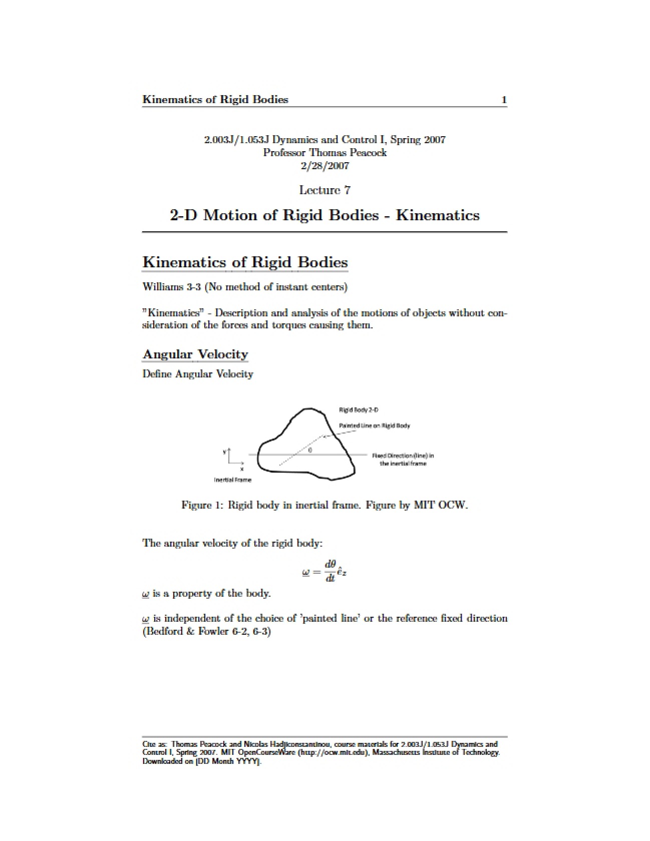 Rigid Body 2-D Motion: Kinematics (Lecture 7)