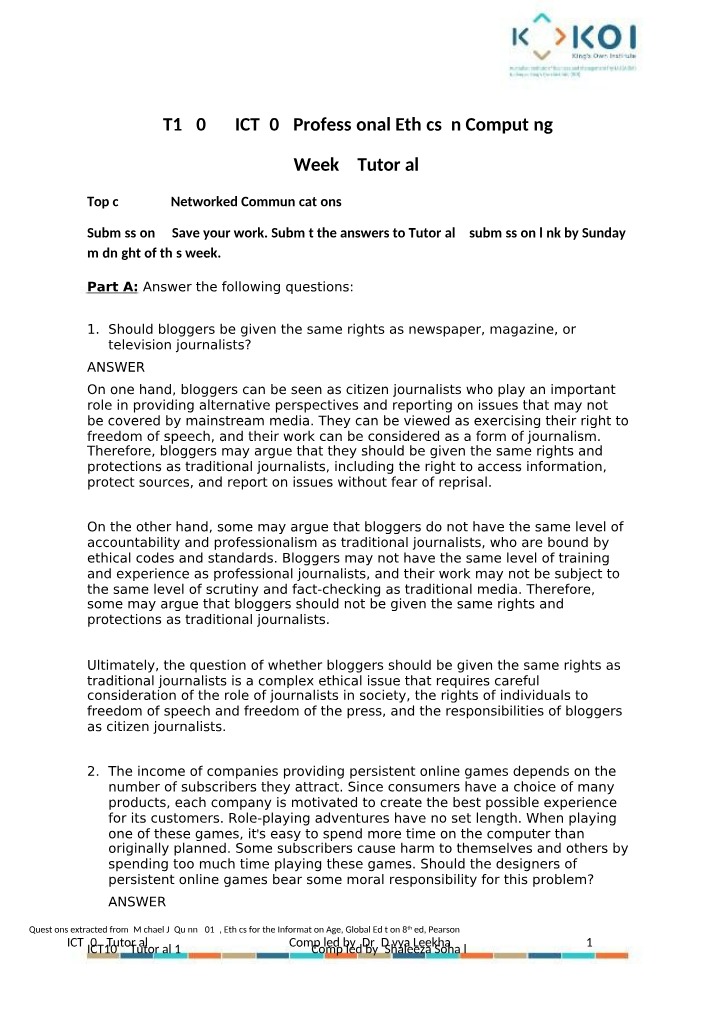 Tutorial 4 - ICT303 Professional Ethics in Computing