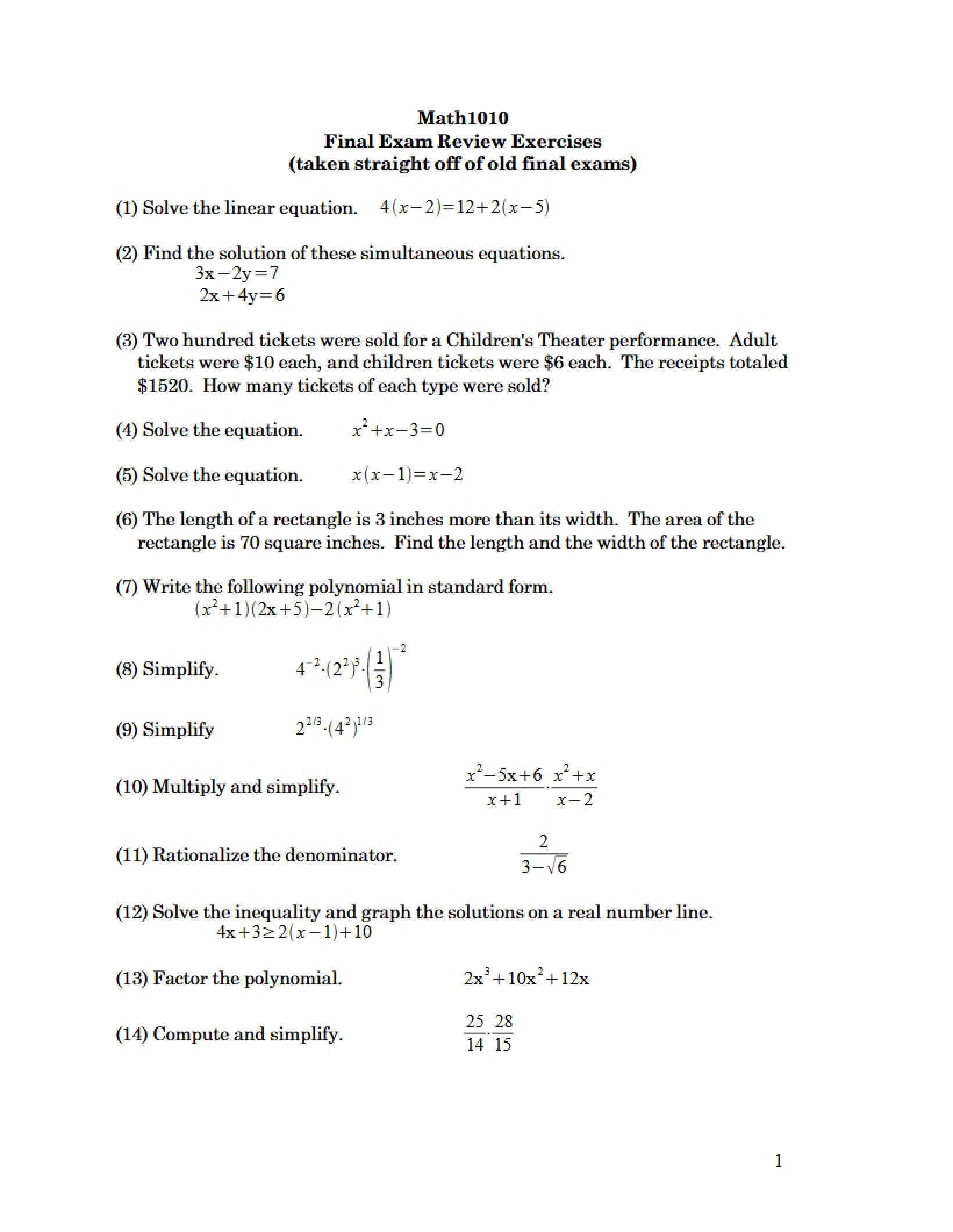 Review Exercises for Final Exam