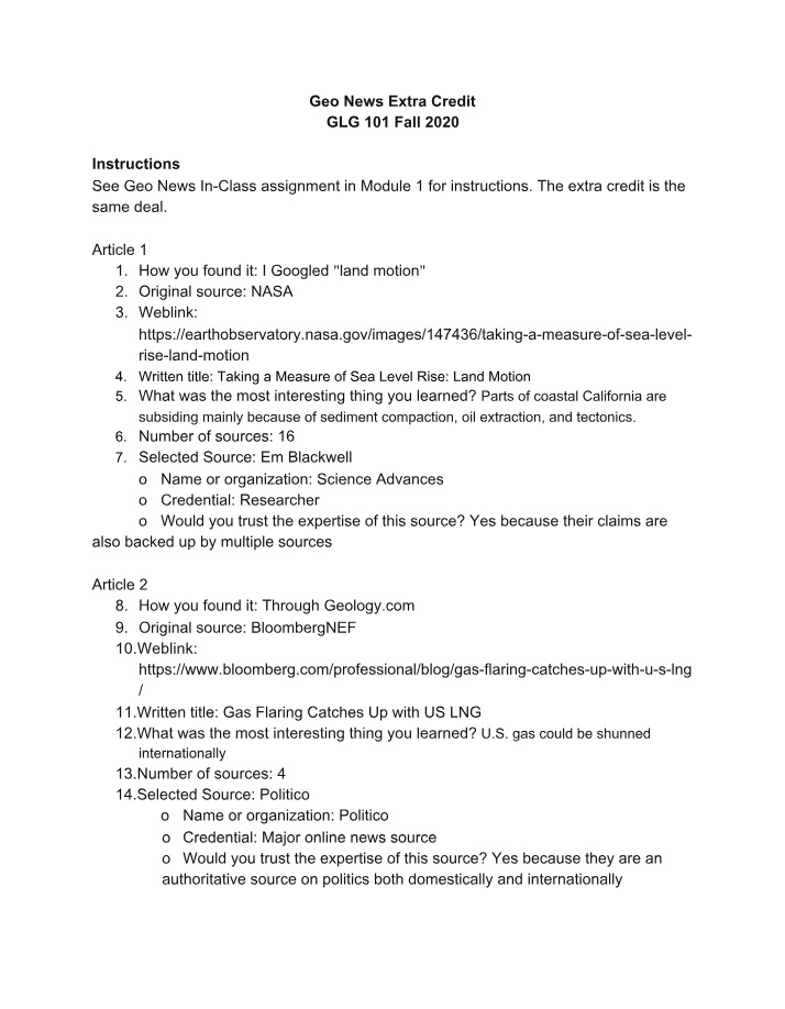 Fall 2020 GLG 101 Extra Credit - Geo News