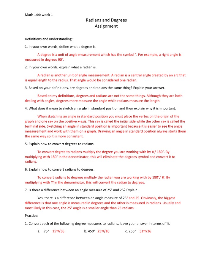 Assignment for Radians and Degrees
