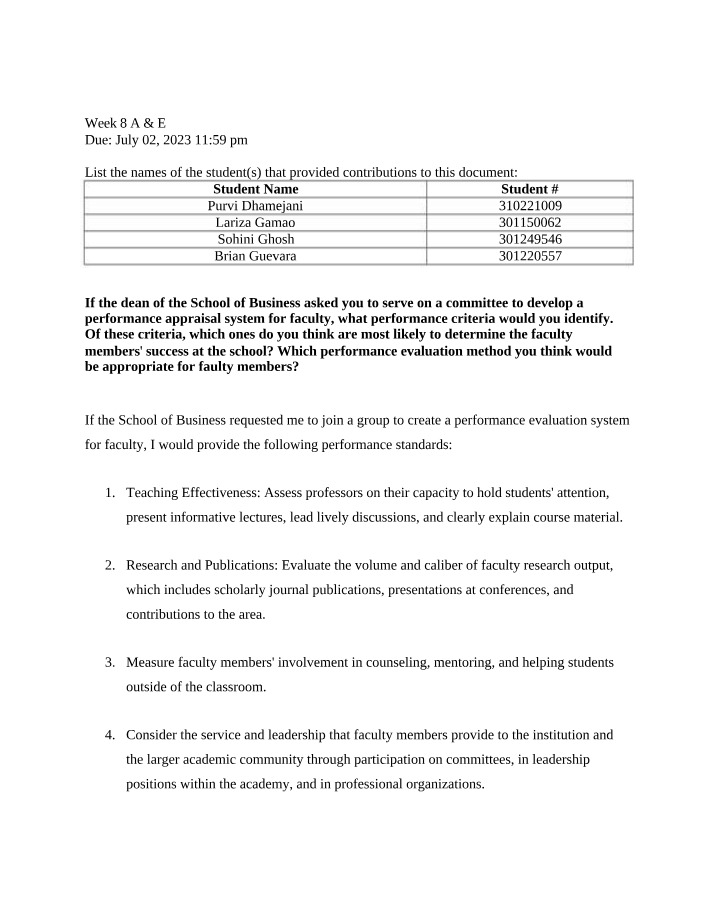 Performance Appraisal System for Faculty - Key Elements