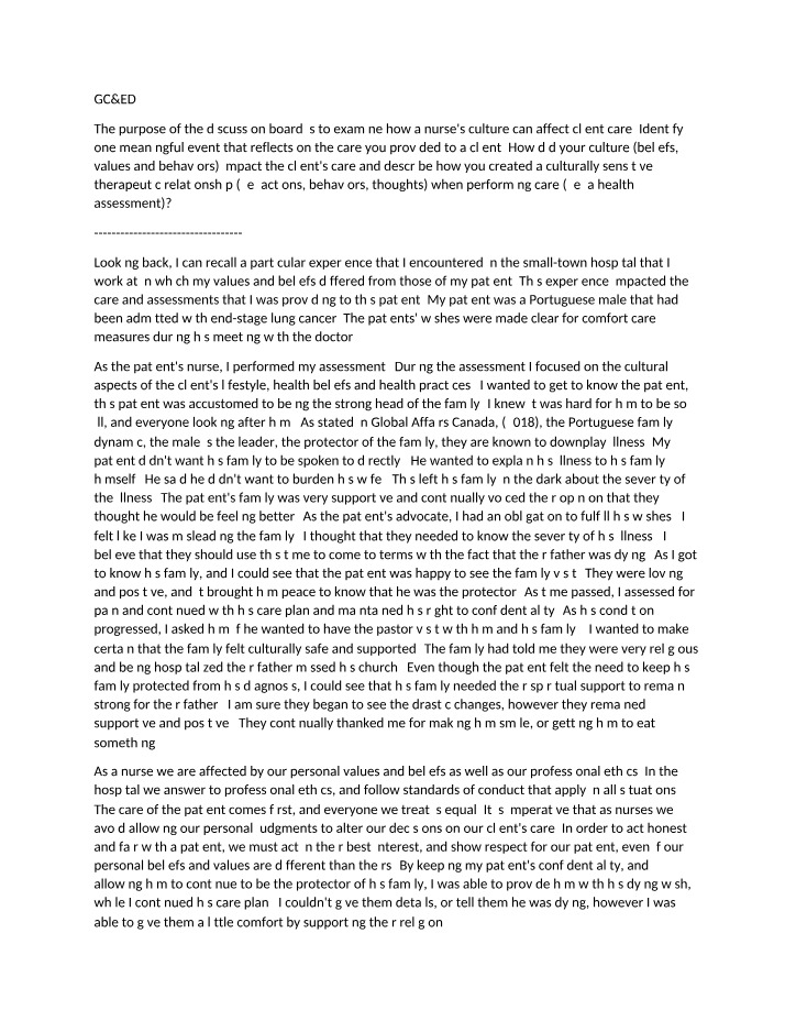 Impact of a Nurse's Culture on Client Care - Case Study
