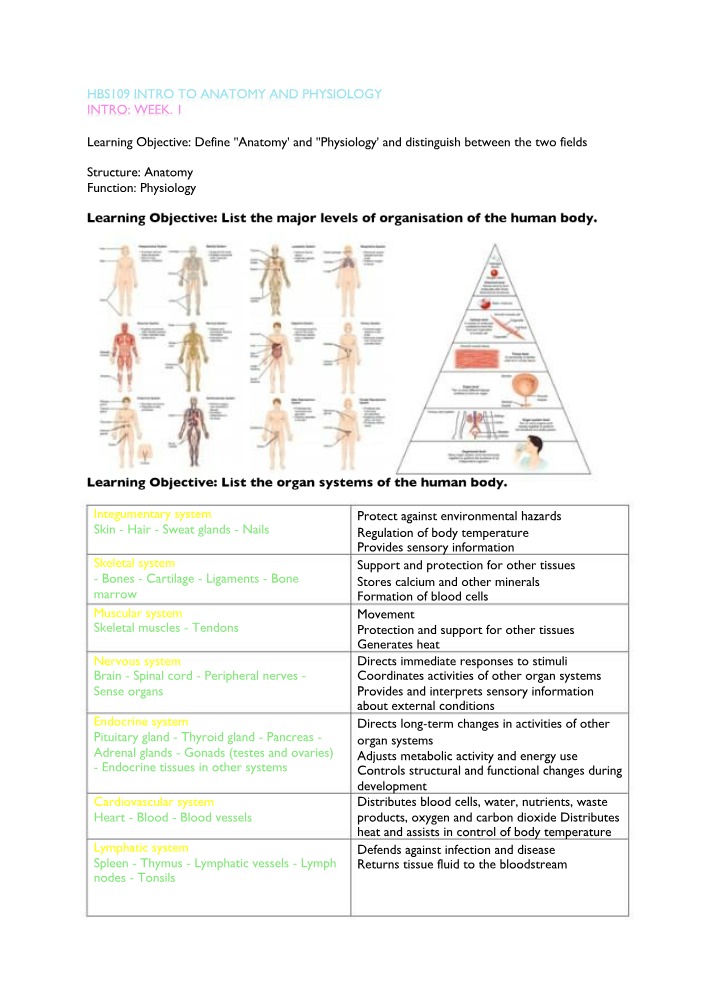 HBS109 Anatomy and Physiology - Week 1 Intro