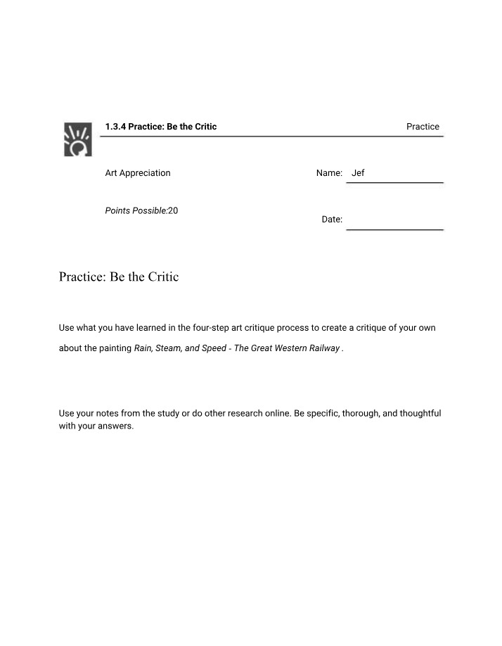 Be the Critic Practice Worksheet