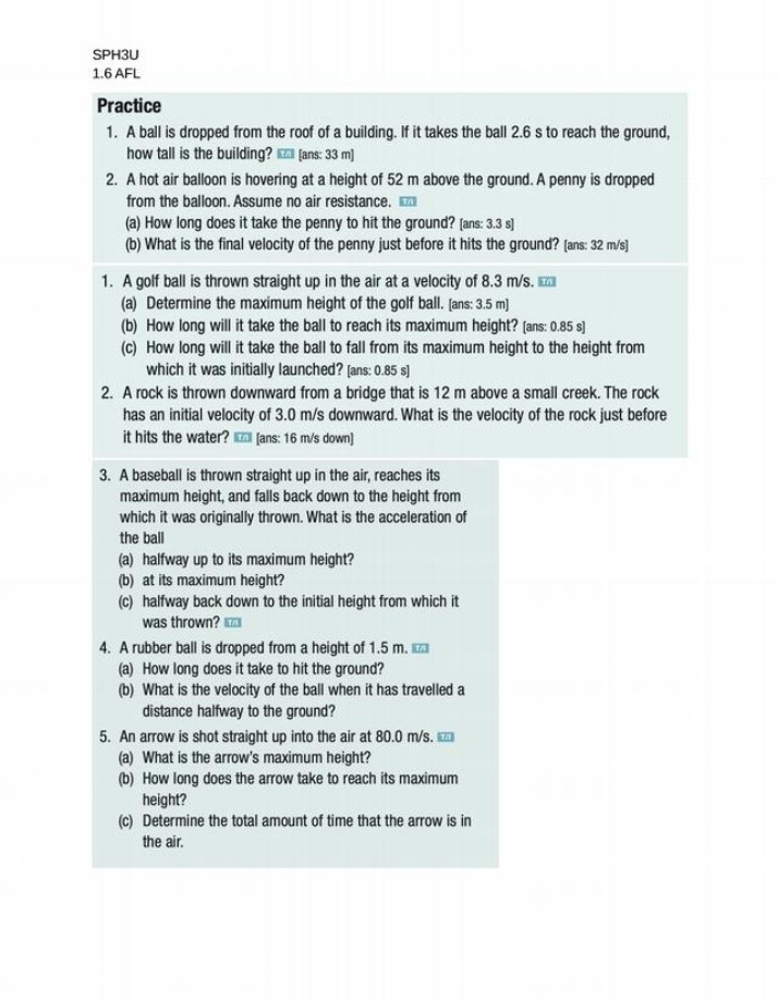 1.6 Practice Problems for SPH3U AFL