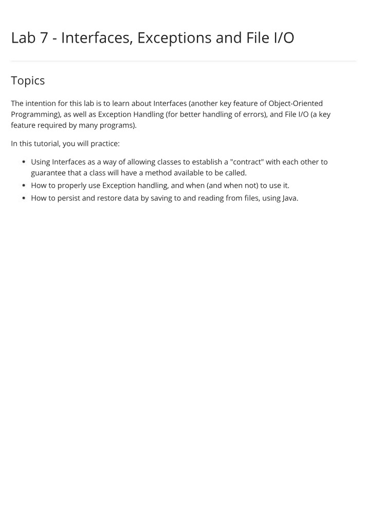 Interfaces, Exceptions, and File I-O Lab 7