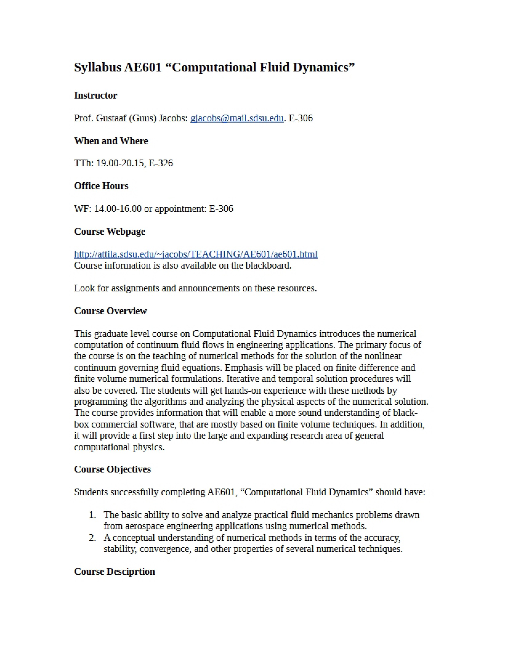 Syllabus Computational Fluid Mechanics