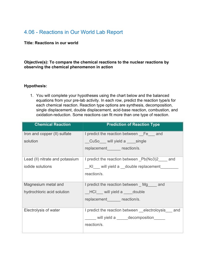 Comparing Chemical and Nuclear Reactions - Lab Report