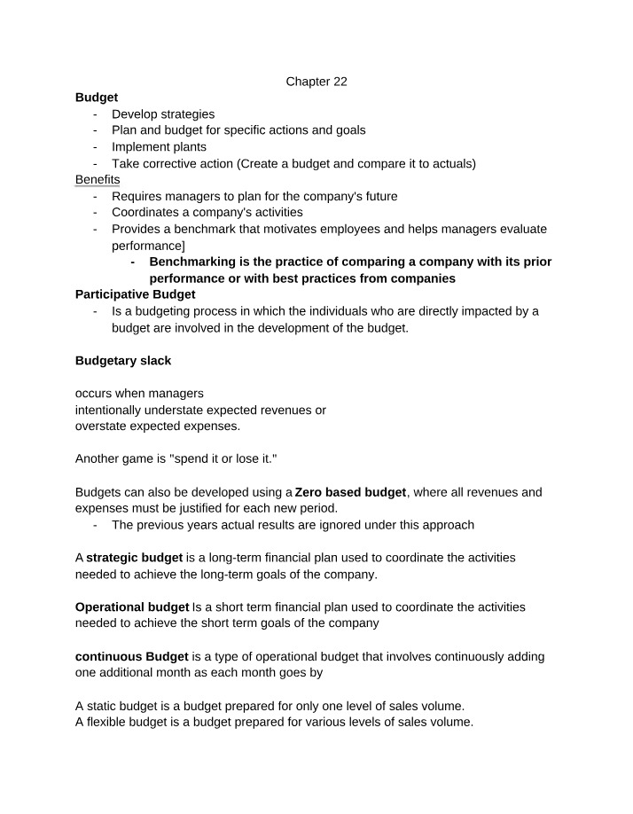 ACCT Chapter 22 - Budgeting Concepts