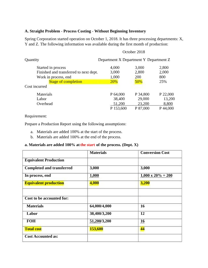 Solutions and Problems for Process Costing
