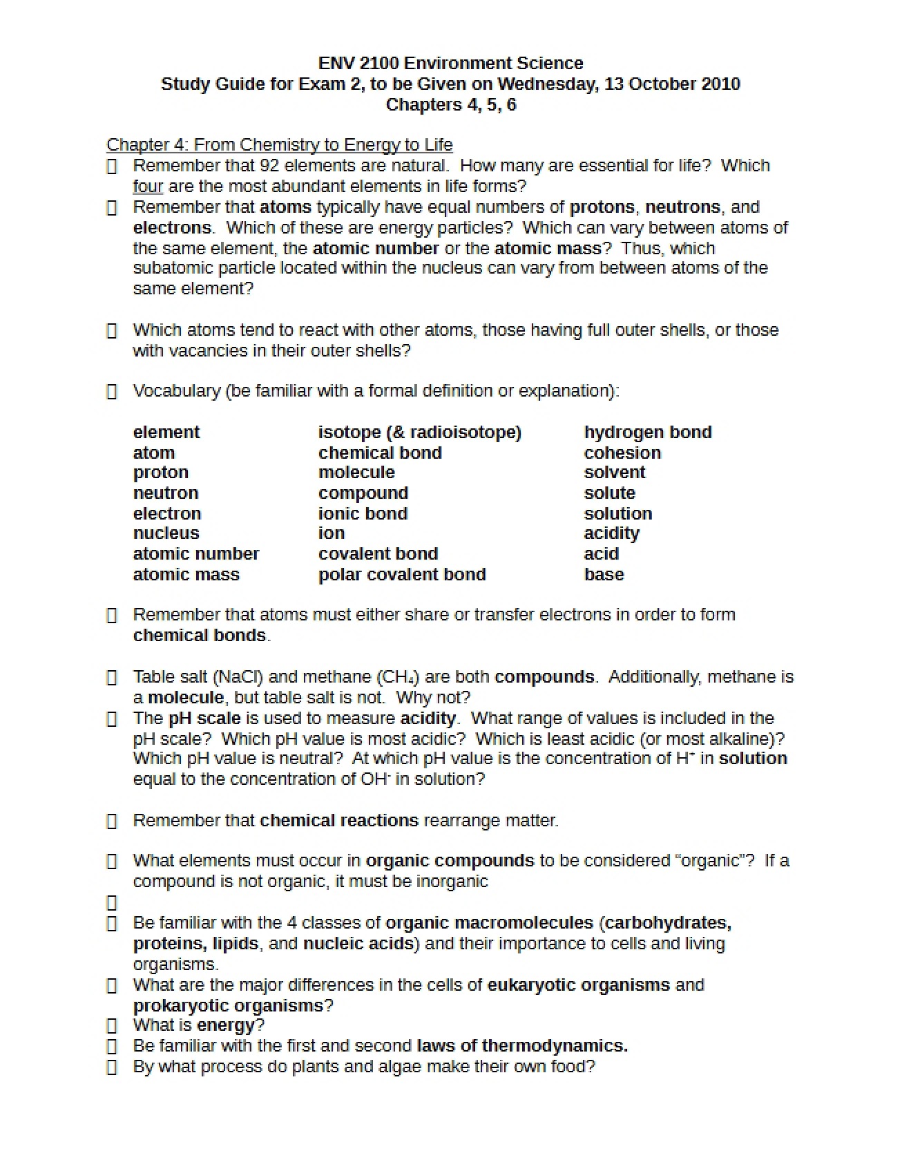 Study Guide for Second Exam