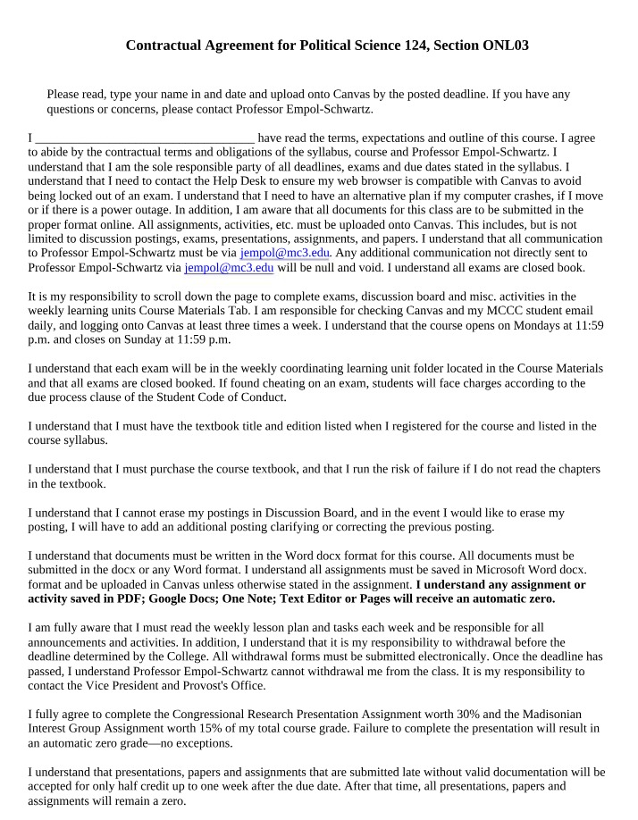 Political Science 124 - Course Contractual Agreement