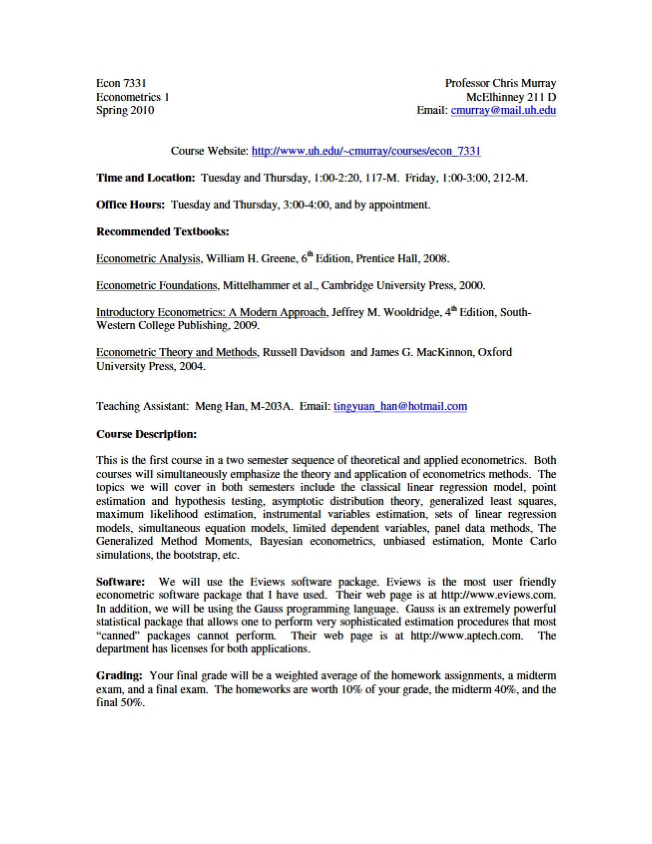 Econometrics 1 Syllabus