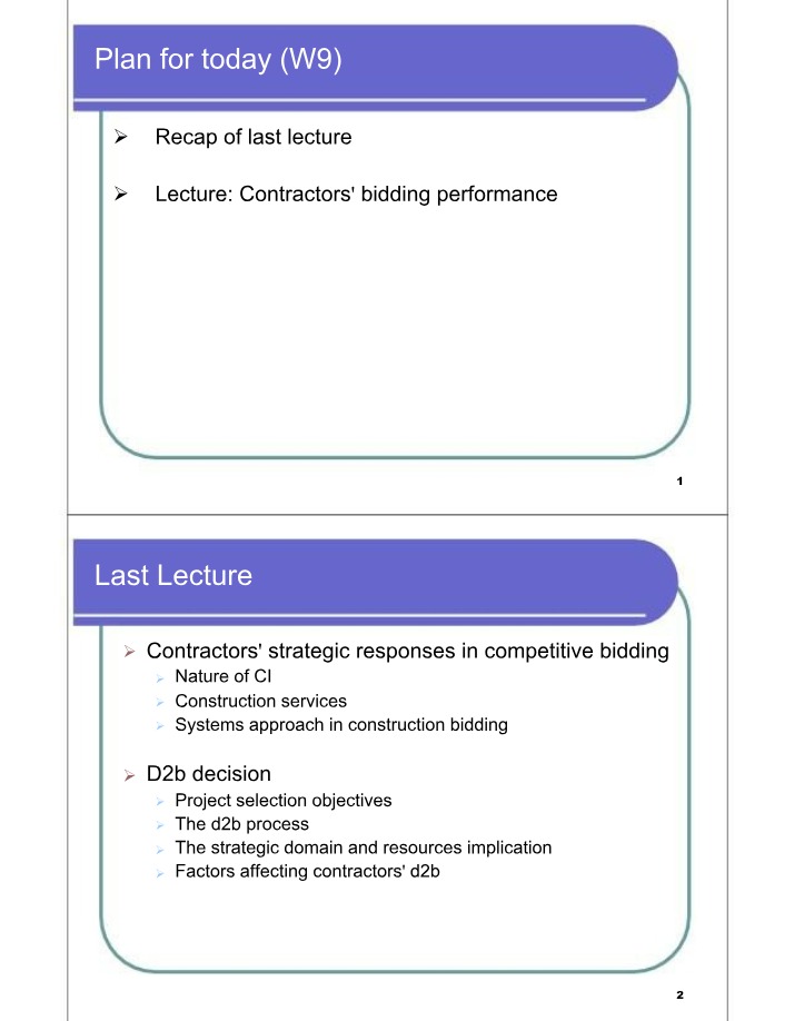 Bidding Performance Week 9 Lecture Notes