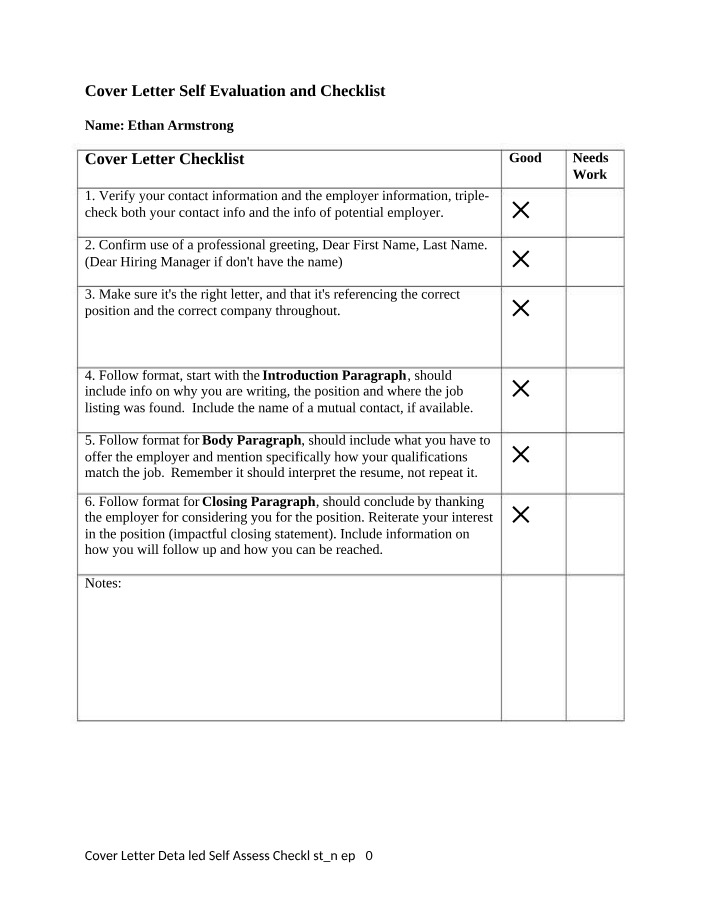 Cover Letter Checklist and Self Evaluation