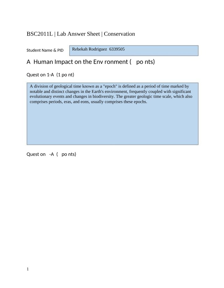Answer Sheet for Human Impact on the Environment Lab