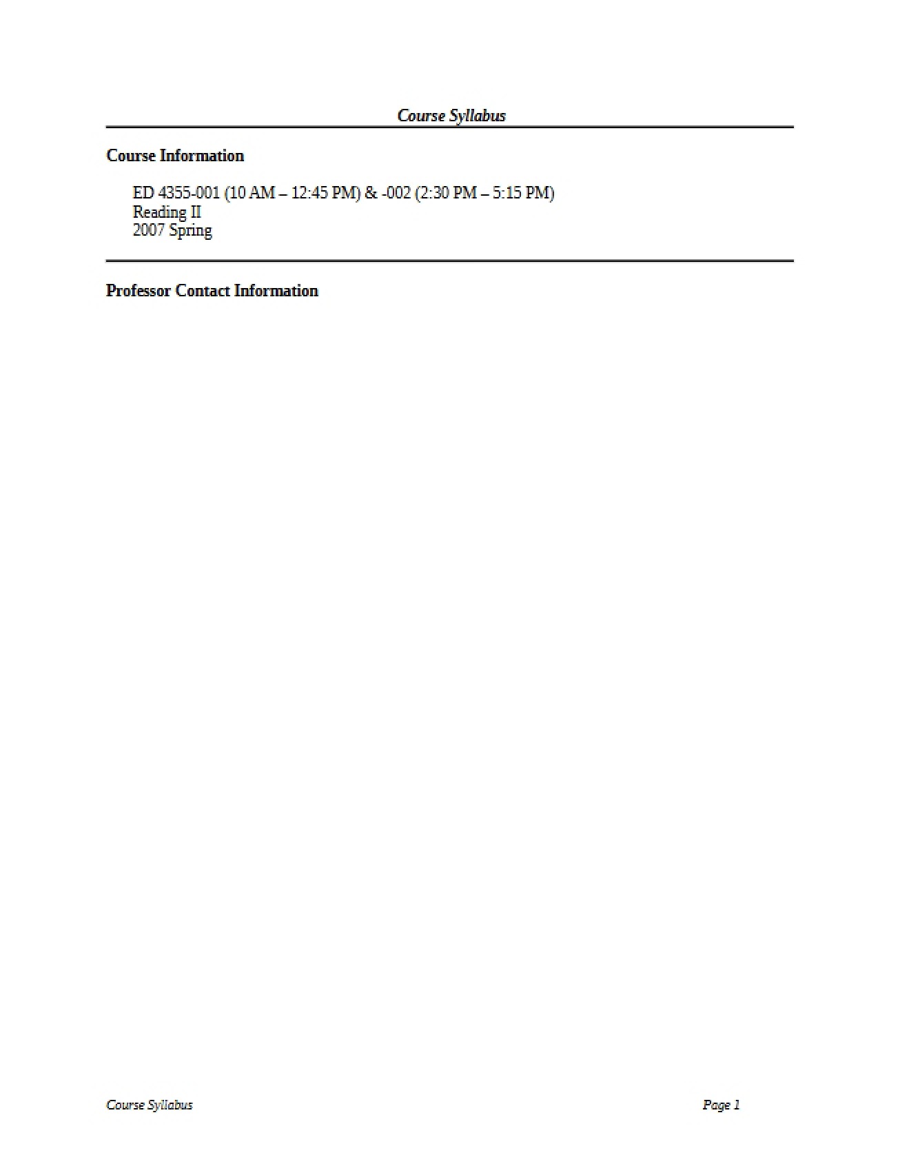 Syllabus for Reading II Reading To Learn