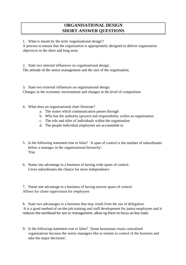 Short-Answer Questions - Organisational Design