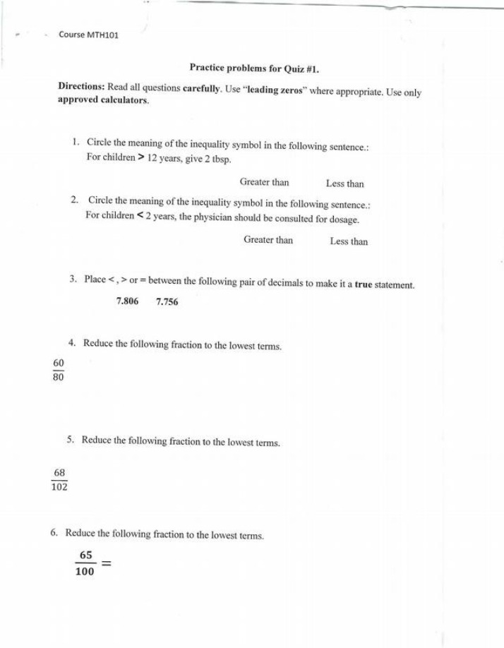 MTH 101 Quiz #1 Practice - Inequalities